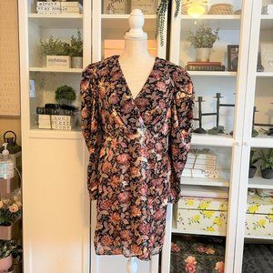 Express Floral Puff Shoulder Sheath Wrap Dress